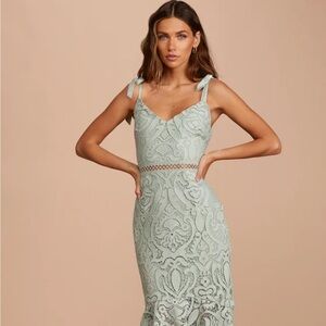 Lulu’s Won Your Heart Sage Green Lace Tie- Strap High - Low Midi Dress XS